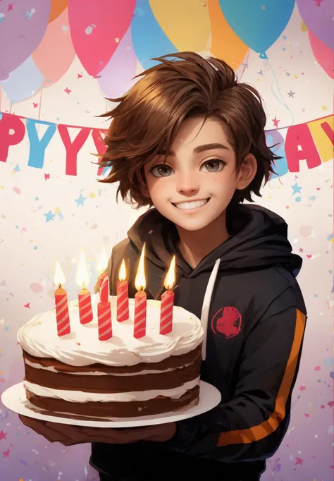 teenager in front of a birthday cake, happy, happy birthday banners, human, hoodie, grin,
goodstuffV1