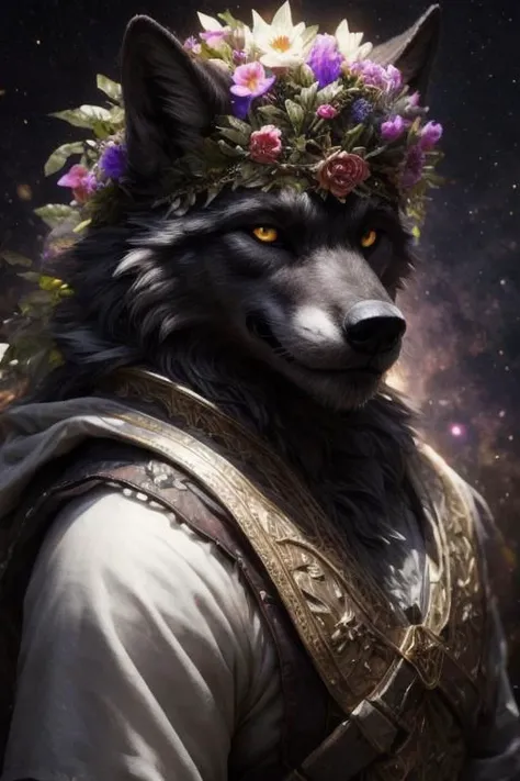 cosmic flowers, flower crown, portrait, male, wolf, black fur, anthro, tunic, illustration, insanely detailed octane rendering trending on artstation, 8k art photography, photorealistic concept