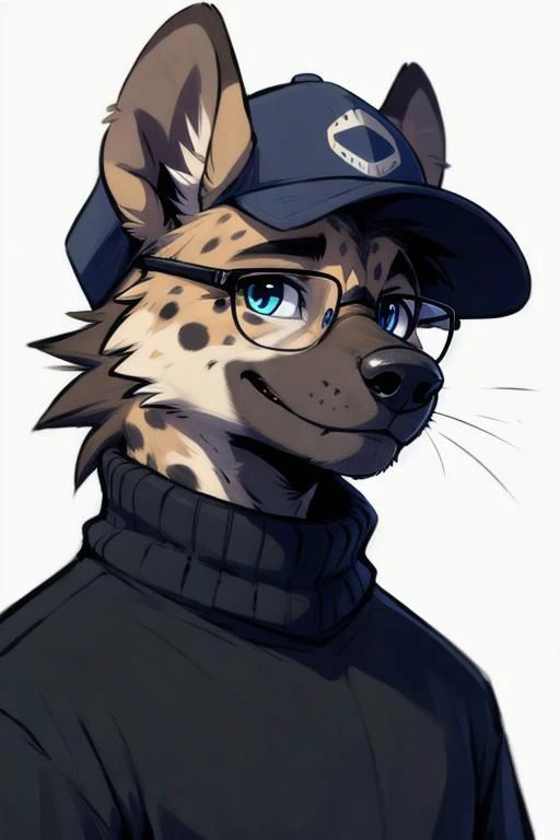 turtleneck, glasses, (by zackary911, by braeburned, by haps), male,hyena,anthro,kemono,cap, deep blue eyes,