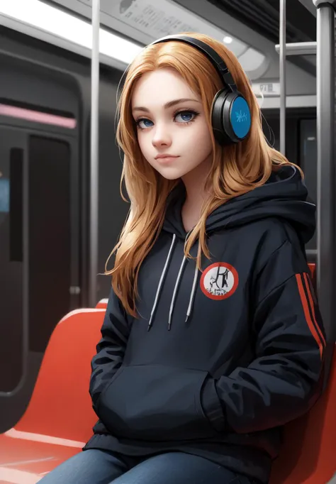teenager girl listening to music, wearing headphones , human, hoodie, in a metro, long hairs,
goodstuffV1