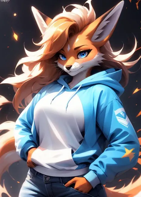 anthro fox, rexouium, female, long wavy hairs, swaggy, sexy pose, cropped hoodie, blue jean, dynamic scene,
goodstuffV1 <lora:vrcfurry_v42:0.5>