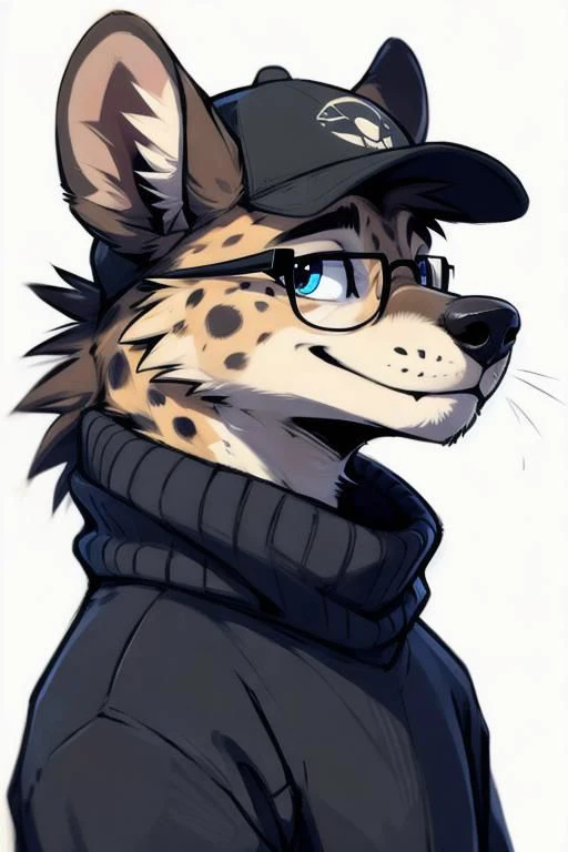 turtleneck, glasses, (by zackary911, by braeburned, by haps), male,hyena,anthro,kemono,cap, deep blue eyes,