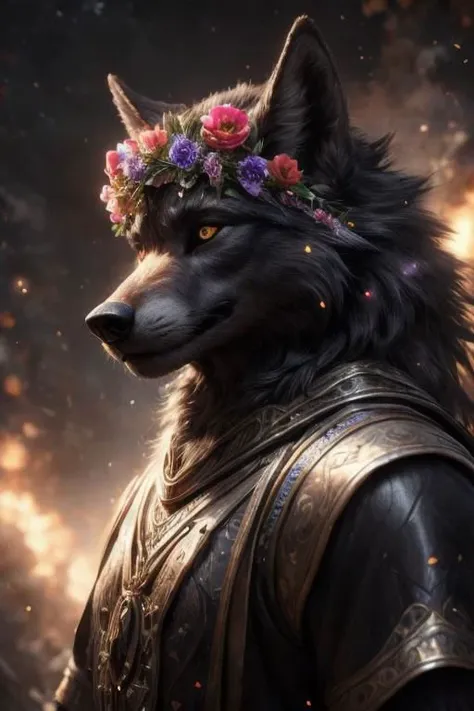 cosmic flowers, flower crown, portrait, male, wolf, black fur, anthro, tunic, illustration, insanely detailed octane rendering trending on artstation, 8k art photography, photorealistic concept