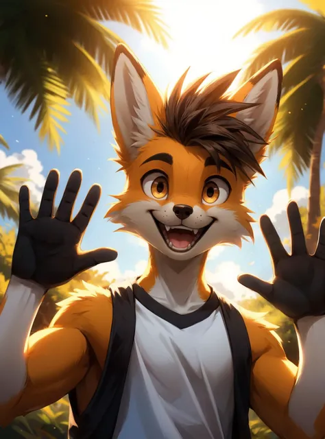 anthro fox, spiky hairs, teenager, hi hand sign, ð, in the background, sunny day, happy, smiling opened mouth,
(best quality, good quality:1.4)