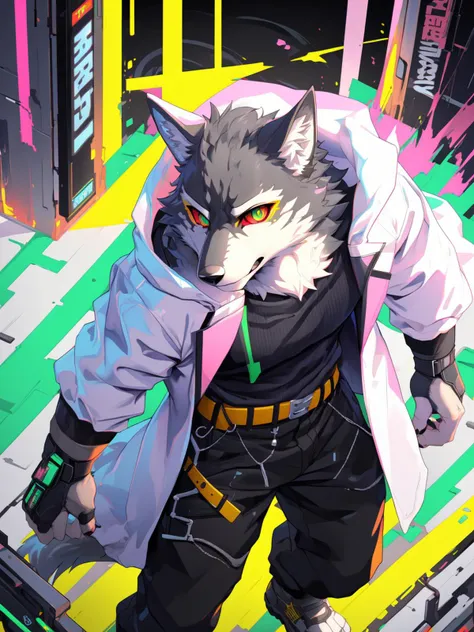 monomasa, masterpiece, game poster, anime, 2d, illustration, digital media,
musuclar male, solo, wolf, 
cyberpunk, white coat, black pants, belt,
glitch, bright eyes, half body, detailed eyes,
yellow theme, pink theme, color contrast, 
dutch angle, action pose, (high-angle view:1.1), side view,
<lora:monomasa2:1>