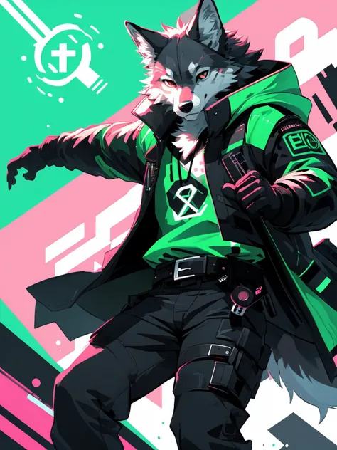 masterpiece, detailed eyes,
musuclar male, solo, furry, canid, wolf, (eyepiece:1.5),
cyberpunk, coat, black pants, belt,
(green theme:1.1), (pink theme:0.9), (color contrast:1.2),
high contrast,
binary code,
dutch angle, action pose, motion lines, icon, symbol,
digital media, illustration, anime, 2d, flat