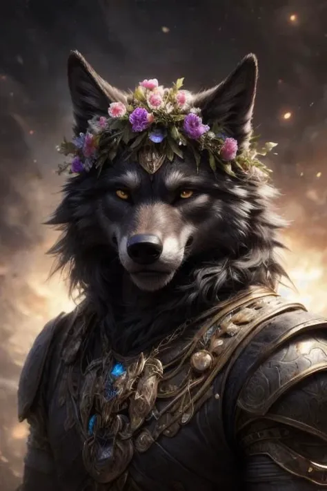 cosmic flowers, flower crown, portrait, male, wolf, black fur, anthro, tunic, illustration, insanely detailed octane rendering trending on artstation, 8k art photography, photorealistic concept