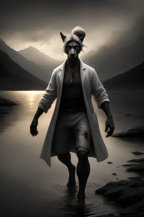 (high quality, best quality, absurdres, highres, high detail, intricate detail, masterpiece:1.2), (postapocalyptic korea, korean:1), (middle-aged woman, 1girl, solo, naughty_face:1.1), (furry, anthro, tail, paws:1), (proactive mad scientist, wearing ripped lab coat:1), (blood_from_eyes:1), (silver_hair, short_hair, single_hair_bun:1), (skinny body:1), (exiting ominous lake:1.1), (mercury in arms:1),