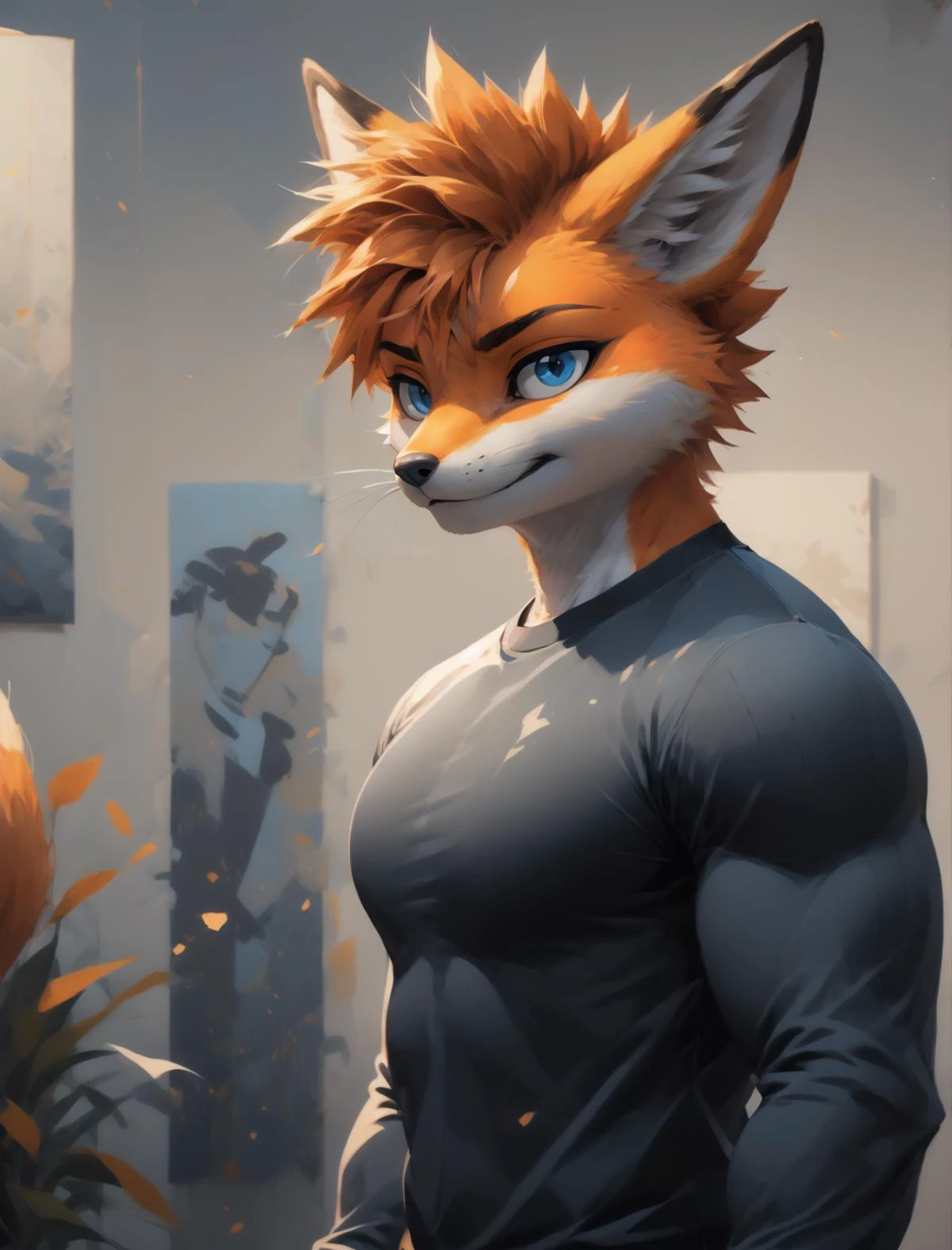 (swaggy, defying look:1.2), haircut,
smiling,
,
(muscles through clothes:1.3),
(An individual observing artwork in a gallery, contemplative posture, diverse paintings, photorealism, gallery lighting.
:1.5),
,
whole body, full body,
side view,
(rim lights:1.1),
( tight shirt with long sleeves, short,:1.3),
colorful,
(musculegs:1.2),
aestheticmuscles,
in the background,
(anthro fox, rexouium, furry, comic, big pecs,spiky hairs, relaxed,
(monocolor blue, blue eyes:1.2),
(orange furs, orange hairs:1.3) ,
:1.3),
by photography,
cinematic lights, gorgeous eyes, (good face:1.2), good hands, good colors,
(photography:1.3),
(good lights:1.2),
sunny day,
(film grain, 4k, 8k:1.2), dust,
haircut,
(very expressive face:1.4),
swaggy, defying look, looking at viewer,
orbitgood,
21 years old,
<lora:vrcfurry_v43-000021:0.4>