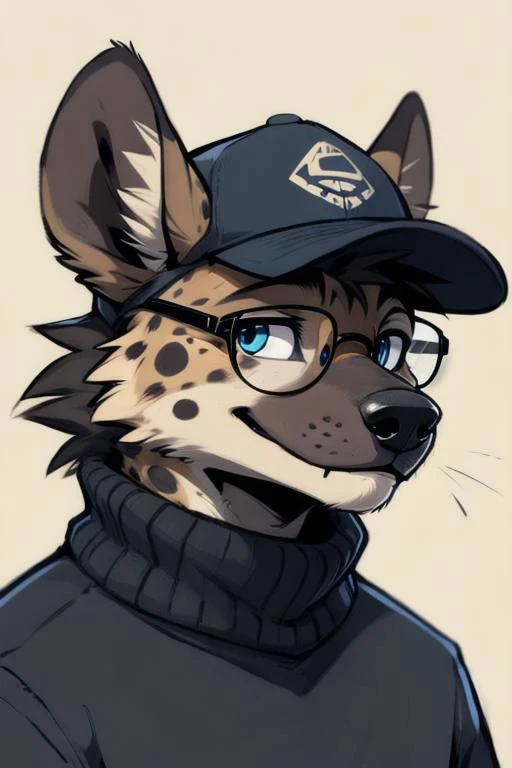 turtleneck, glasses, (by zackary911, by braeburned, by haps), male,hyena,anthro,kemono,cap, deep blue eyes,