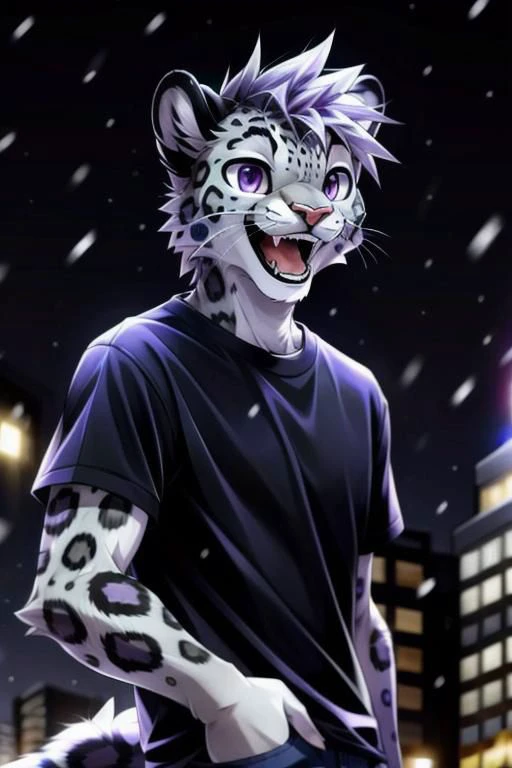 anthro snow leopard, hairs, solo male in the background, cold night, happy, smiling opened mouth, purple eyes, adult, black shirt, adult,
(best quality, good quality:1.4)