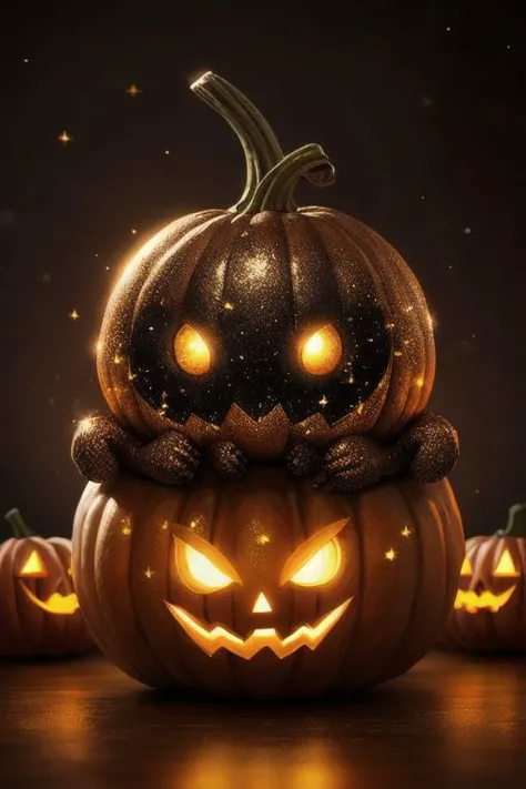 Fantasy creep spider from Halloween pumpkin, side view, original style, cute, cute and charming, sophisticated creature, glowing eyes fantasy, soft light, glitter, professional photo, beautiful,3d, realistic, 8k, high resolution, high detail, cgi, hyperrealism, f/16, 1/300s, highly detailed digital painting, realistic, close-up, noir, 100 iso.