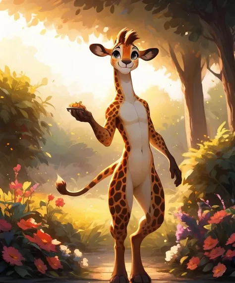 anthro girafe standing in a garden, smiling, gorgeous eyes, whole body, dynamic pose, eating salade, morning, cute, happy,
goodstuffV1