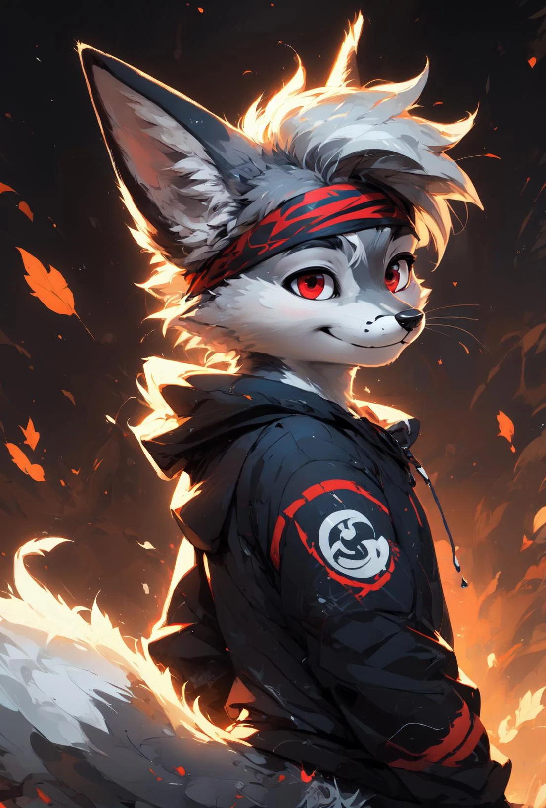 (anthro fox, muscular, wavy hairs}:1.2),
smiling
(good lights, good colors, good composition, monocolor,:1.2)
masterpiece, aestheticcartoon,
bestart, cartoon,
(cute:0.1),
morning, rim lights
bestart, masterpiece, extremely detailed furs, 8k,  soft fur, perfect composition, detailed shading, dynamic pattern with accents, detailed style, soft, vibrant colors,
good face, furry, gorgeous eyes, portrait,
long fluffy tail, smiling, (cute:0.1),
back view, looking back,
,
bandana,
,
,
,
glowing patterns,
(white and gray furs, white and gray hairs:1.3) with complex patterns,
,
slightly muscular,
(hoodie:1.2),
sexy pose,
dynamic scene,
dynamic abstract background,
<|startoftext|>
,
ager, musculegs,
blue jean,
(:1.2),
(monocolor red, red eyes:1.2),
BREAK,
playing football,
<lora:vrcfurry_v42:0.5>
<lora:[LoHa]Walden_Blue Style:0.3>