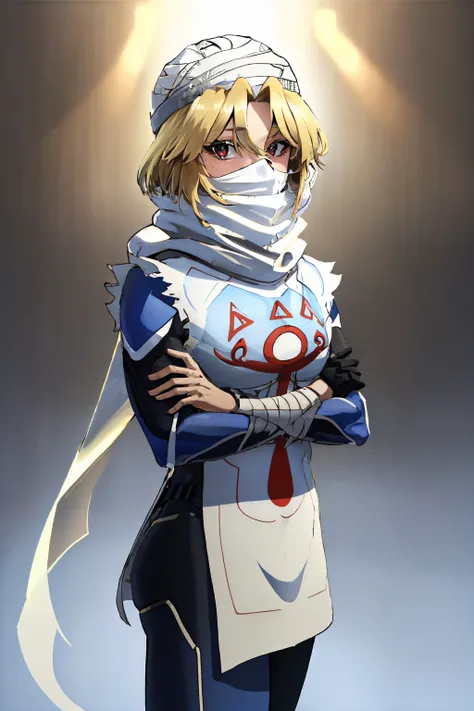 (masterpiece, best quality:1.2), lozsheik, looking at viewer, crossed arms, turban, covered mouth, scarf, blue bodysuit, surcoat, bandages <lyco:style_juniperactias-10:0.9> <lora:sheik-nvwls-v1:0.9>