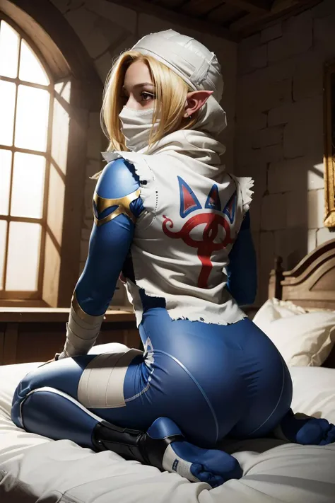 (masterpiece, best quality:1.2), Zelda, 1girl, solo, full body shot till toes, mouth gagged with duct tape, detailed long messy hair, (full body shot , standing ), Detailed skin, detailed body, pale blue eyes, Natural Skin, realistic skin, skin pores, intricate detail, raw photo, mature female, , pretty nose, immersive atmosphere, chiaroscuro, moody lighting, perfect female body, ((North Pole)) arms behind back, blonde hair, perfect long pony tail hair, blushing, perfect medium busty breast , chest covered in tape , slim, girl, mummification from neck to toe , black tape mummified, gagged, tape, improvised gag, tape gag, tape gagged, tape bondage ,