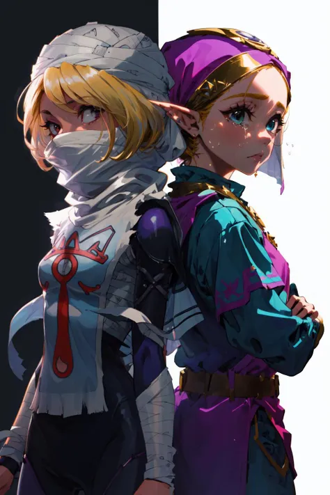 masterpiece,best quality,2girls,(standing,back-to-back),simple background,black and white background,
AND 2girls,standing,back-to-back,(1girl,lozSheik,turban, covered mouth, scarf, blue bodysuit, surcoat, bandages,serious,black background,<lora:sheik-nvwls-v1:0.9>),
AND 2girls,standing,back-to-back,(1girl,princess zelda, nintendo, the legend of zelda, oot, young zelda,shortstack,tears,white background,<lora:young_zelda_v1:0.8>),