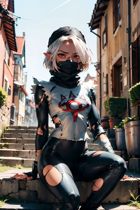 lozsheik, white hair,black mask, black turban, black scarf, pointy ears, hair over one eye, (red eyes:1.2), black bodysuit, surcoat, bandages, looking angry, (blush:1.3)
(torn clothing:1.5) sitting on stone stairs in a medieval village,
<lora:sheik-nvwls-v1:.8> hdr, extreme detail, masterpiece,