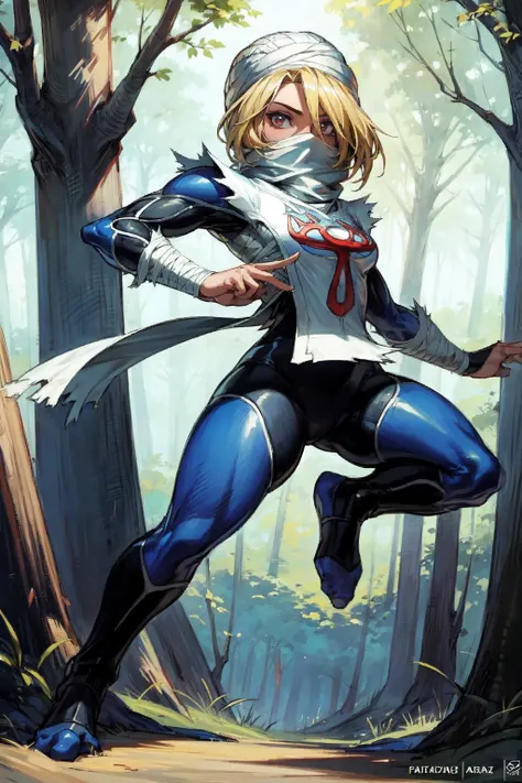 thick outlines, comics, photorealistic, 1girl, solo, full body shot. dynamic pose, <lora:sheik-nvwls-v1:0.6>, lozSheik, turban, covered mouth, scarf, blue bodysuit, surcoat, bandages, lake, detailed background, detailed face, detailed eyes, <lora:add_detail:0.7>