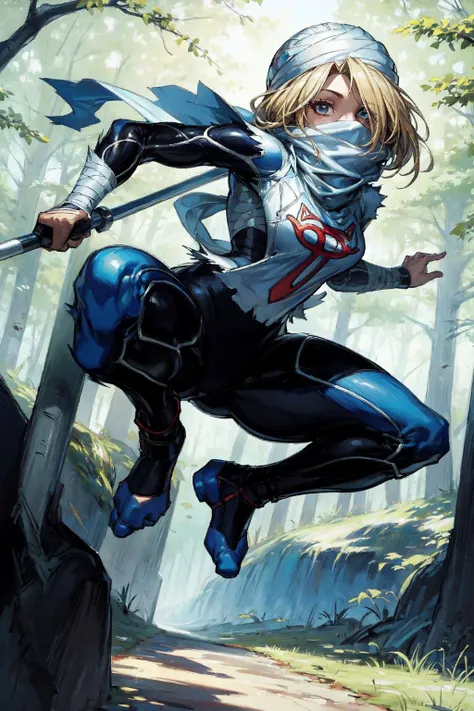 thick outlines, comics, photorealistic, 1girl, solo, full body shot. dynamic pose, <lora:sheik-nvwls-v1:1>, lozSheik, turban, covered mouth, scarf, blue bodysuit, surcoat, bandages, forest, detailed background, detailed face, detailed eyes, <lora:add_detail:0.7>