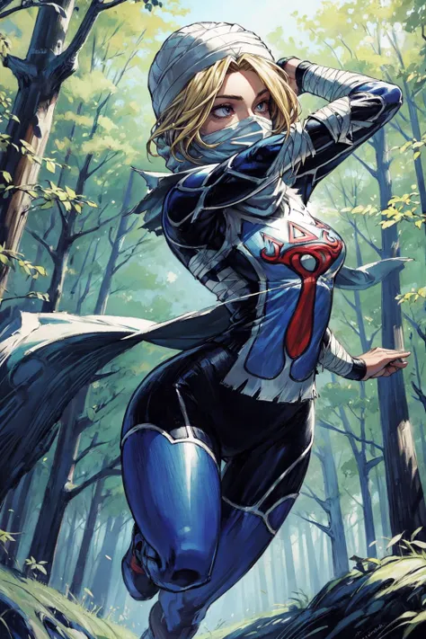 thick outlines, comics, photorealistic, 1girl, solo, full body shot. dynamic pose, <lora:sheik-nvwls-v1:1>, lozSheik, turban, covered mouth, scarf, blue bodysuit, surcoat, bandages, forest, detailed background, detailed face, detailed eyes, <lora:add_detail:0.7>