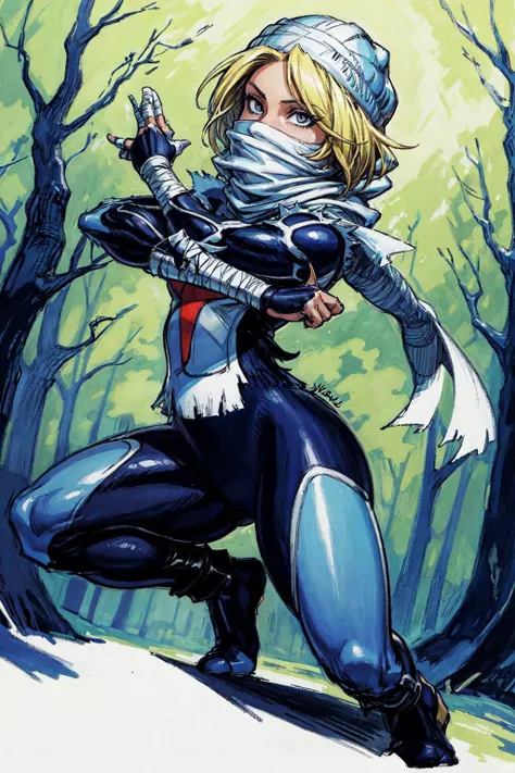thick outlines, comics, photorealistic, 1girl, solo, full body shot. dynamic pose, <lora:sheik-nvwls-v1:1>, lozSheik, turban, covered mouth, scarf, blue bodysuit, surcoat, bandages, forest, detailed background, detailed face, detailed eyes, <lora:add_detail:0.7>