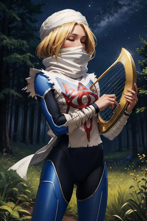 masterpiece, best quality, lozsheik, 1girl, turban, mask, scarf, blue bodysuit, surcoat, bandages, standing, forest, holding harp, closed eyes, night <lora:sheik-nvwls-v1-000009:0.9>