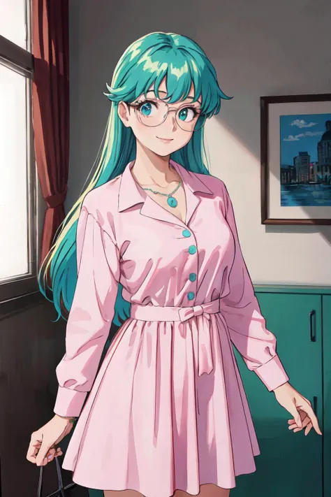 (best quality, masterpiece, RAW photo,ultra-detailed:1.2), <lyco:GoodHands-beta2:1.0>,1girl, looking at viewer, smile,
long sleeves, (pink dress:1.2), formal clothing, jewelry, very long hair, glasses, necklace, aqua hair, low-tied long hair, round eyewear, retro artstyle, 1980s \(style\), front view, indoors,<lyco:Seela_McClegg-09:0.5>
large breasts, pop art,