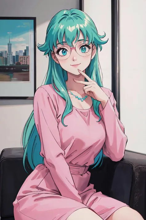(best quality, masterpiece, RAW photo,ultra-detailed:1.2), <lyco:GoodHands-beta2:1.0>,1girl, looking at viewer, smile,
long sleeves, (pink dress:1.2), formal clothing, jewelry, very long hair, glasses, necklace, aqua hair, low-tied long hair, round eyewear, retro artstyle, 1980s \(style\), front view, indoors,<lyco:Seela_McClegg-09:0.6>
large breasts, pop art,sitting,