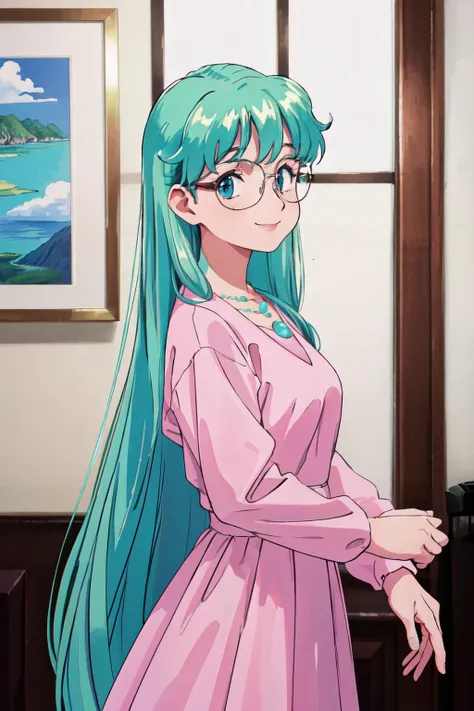 (best quality, masterpiece, RAW photo,ultra-detailed:1.2), <lyco:GoodHands-beta2:1.0>,1girl, looking at viewer, smile,
long sleeves, (pink dress:1.2), formal clothing, jewelry, very long hair, glasses, necklace, aqua hair, low-tied long hair, round eyewear, retro artstyle, 1990s \(style\), front view, indoors,<lyco:Seela_McClegg-09:0.7>