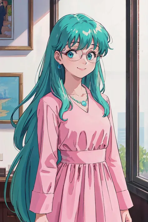 (best quality, masterpiece, RAW photo,ultra-detailed:1.2), <lyco:GoodHands-beta2:1.0>,1girl, looking at viewer, smile,
long sleeves, (pink dress:1.2), formal clothing, jewelry, very long hair, glasses, necklace, aqua hair, low-tied long hair, round eyewear, retro artstyle, 1990s \(style\), front view, indoors,<lyco:Seela_McClegg-09:0.5>