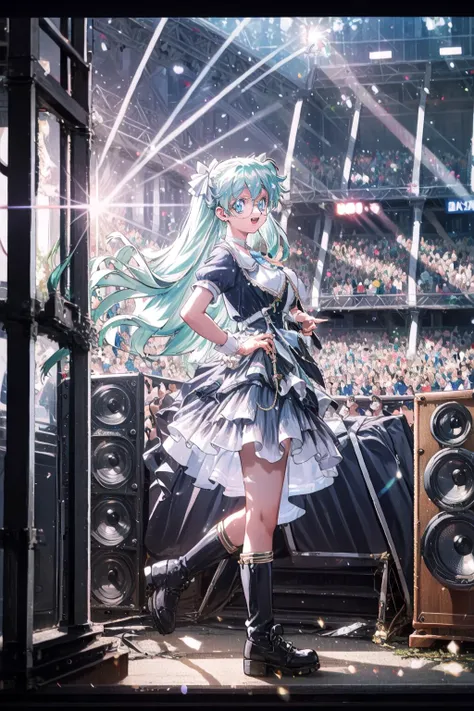 masterpiece, best quality, absurdres, perfect anatomy, 4K, 8K, anime key visual, official art, (anime, 2020s anime style:1.1), (illustration:0.2), (beautiful detailed eyes), (nice hands, perfect anatomy, perfect hands), 
<lora:GoodHands-vanilla:1>, <lora:epiNoiseoffset_v2Pynoise:1.0>, <lora:flat2:-0.3>, <lora:lit:0.2>, <lora:hipoly3DModelLora_v10:0.3>
1girl, solo, 
natural lighting, cinematic lighting, intricate shadow, hdr, volumetic lighting, highly detailed background, (indoors, stadium:1.2), 
(smile, open mouth:0.9), looking at viewer, (dynamic angle, dutch angle:1.2), (depth of field:1.5), zettai ryouiki, (close-up:1.4),
(from side:1.2)
(large breast:1.2), BREAK
<lora:idol_costume_style4_v1:0.7>, BREAK
knee boots, BREAK
(idol_costume, idol), (stage, large stage speakers, large stage speaker allay:1.3), (stage lighting, stage spotlight, lens flare:1.1), (light particles:0.4)
(standing on the stereo:1.2), BREAK
(hand on hip:1.2), BREAK
<lora:Seela_McClegg:1>, seela mcclegg, aqua hair, low-tied long hair, very long hair, glasses, round eyewear, (anime, retro artstyle, 1990s \(style\):1.3), <lora:animeoutlineV4_16:0.5>