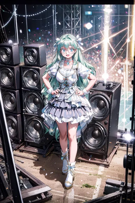 masterpiece, best quality, absurdres, perfect anatomy, 4K, 8K, anime key visual, official art, (anime, 2020s anime style:1.1), (illustration:0.2), (beautiful detailed eyes), (nice hands, perfect anatomy, perfect hands),
<lora:GoodHands-vanilla:1>, <lora:epiNoiseoffset_v2Pynoise:1.0>, <lora:flat2:-0.3>, <lora:lit:0.2>, <lora:hipoly3DModelLora_v10:0.3>
1girl, solo,
natural lighting, cinematic lighting, intricate shadow, hdr, volumetic lighting, highly detailed background, (indoors, stadium:1.2),
(smile, open mouth:0.9), looking at viewer, (dynamic angle, dutch angle:1.2), (depth of field:1.5), zettai ryouiki, (close-up:1.2),
(from above:1.2)
(large breast:1.2), BREAK
<lora:idol_costume_style4_v1:0.7>, BREAK
knee boots, BREAK
(idol_costume, idol), (stage, large stage speakers, large stage speaker allay:1.3), (stage lighting, stage spotlight, lens flare:1.1), (light particles:0.4)
(sitting on the stereo:1.2), BREAK
(hand on hip:1.2), BREAK
<lora:Seela_McClegg:1>, seela mcclegg, aqua hair, low-tied long hair, very long hair, glasses, round eyewear, (anime, retro artstyle, 1990s \(style\):1.3), <lora:animeoutlineV4_16:0.5>