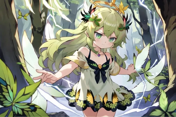 (pixiv masterpiece), masterpiece, best quality,
1girl, cute, kawaii,solo, flat chest, green hair, clover hair ornament, long hair, disheveled hair, messy hair, closed mouth, angel, green light magical runes between the forehead, lightning halo, blank stare, standing, butterfly, off shoulder Strapless dress, green dress, jewelry, necklace, magic gem,
surrounded_by_floating_leaf, jungle, many trees, (flying feathers:1.3), face focus., masterpiece, best quality
<lora:yijiang3.0:1><lora:GoodHands-vanilla:1>