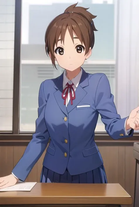 konuihirasawa, <lora:ui hirasawa s2-lora-nochekaiser:1>, 
ui hirasawa, short hair, brown hair, (brown eyes:1.5), ponytail,
BREAK sakuragaoka high school uniform, school uniform, uniform, blazer, shirt, white shirt, collared shirt, skirt, pleated skirt,
BREAK indoors, classroom,
BREAK looking at viewer, (cowboy shot:1.5),
BREAK <lyco:GoodHands-beta2:1>, (masterpiece:1.2), best quality, high resolution, unity 8k wallpaper, (illustration:0.8), (beautiful detailed eyes:1.6), extremely detailed face, perfect lighting, extremely detailed CG, (perfect hands, perfect anatomy),