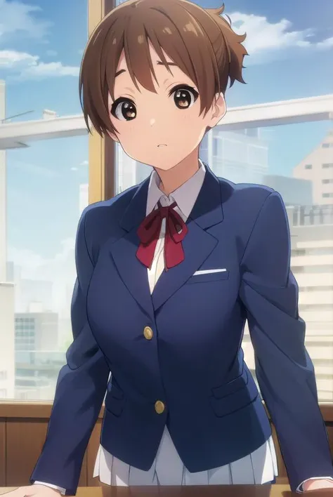 konuihirasawa, <lora:ui hirasawa s2-lora-nochekaiser:1>, 
ui hirasawa, short hair, brown hair, (brown eyes:1.5), ponytail,
BREAK sakuragaoka high school uniform, school uniform, uniform, blazer, shirt, white shirt, collared shirt, skirt, pleated skirt,
BREAK indoors, classroom,
BREAK looking at viewer, (cowboy shot:1.5),
BREAK <lyco:GoodHands-beta2:1>, (masterpiece:1.2), best quality, high resolution, unity 8k wallpaper, (illustration:0.8), (beautiful detailed eyes:1.6), extremely detailed face, perfect lighting, extremely detailed CG, (perfect hands, perfect anatomy),