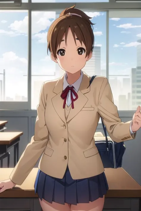 konuihirasawa, <lora:ui hirasawa s2-lora-nochekaiser:1>,
ui hirasawa, short hair, brown hair, (brown eyes:1.5), ponytail,
BREAK sakuragaoka high school uniform, school uniform, uniform, blazer, shirt, white shirt, collared shirt, skirt, pleated skirt,
BREAK indoors, classroom,
BREAK looking at viewer, (cowboy shot:1.5),
BREAK <lyco:GoodHands-beta2:1>, (masterpiece:1.2), best quality, high resolution, unity 8k wallpaper, (illustration:0.8), (beautiful detailed eyes:1.6), extremely detailed face, perfect lighting, extremely detailed CG, (perfect hands, perfect anatomy),