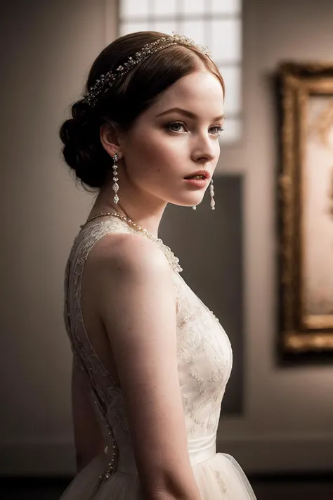 EllieB_SoloTI_v1,
(In a flowing ivory gown with intricate lace details, paired with vintage pearl earrings, for a timeless and elegant look), (Amidst a grand museum exhibit, surrounded by ancient artifacts juxtaposed against modern art installations, an aura of grace and poise transcends time:1.3), (seductive:1.3),(analog, cinematic, film grain, hazy atmosphere, cinematic shot:1.3),
 <lora:add_detail:0.6>, PA7_Portrait-MCU,