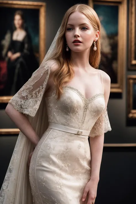 EllieB_SoloTI_v1,
(In a flowing ivory gown with intricate lace details, paired with vintage pearl earrings, for a timeless and elegant look), (Amidst a grand museum exhibit, surrounded by ancient artifacts juxtaposed against modern art installations, an aura of grace and poise transcends time:1.3), (seductive:1.3),(analog, cinematic, film grain, hazy atmosphere, cinematic shot:1.3),
<lora:add_detail:0.6>, PA7_Portrait-MCU,