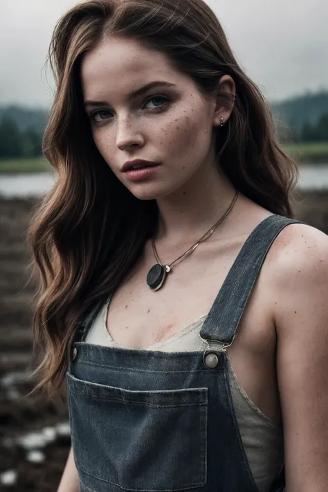EllieB_SoloTI_v1,
(dirty face,freckle:1.3),
(In muddy overalls and a worn flannel shirt, with a bandana around her neck, for a gritty and determined look:1.3),
(A rugged riverside, with panning equipment and piles of dirt, an atmosphere of hard work and hopeful searching:1.4),
(seductive:1.3),(analog, cinematic, film grain, hazy atmosphere, cinematic shot:1.3), 
 <lora:add_detail:0.6>, PA7_Portrait-MCU,