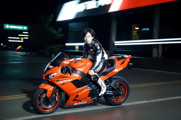 1girl,moyou,short hair,motorcycle racing,Driving Suit,Motorcyclist,High-Speed,Streets at night,liuliu,<lora:LYS:0.8>,