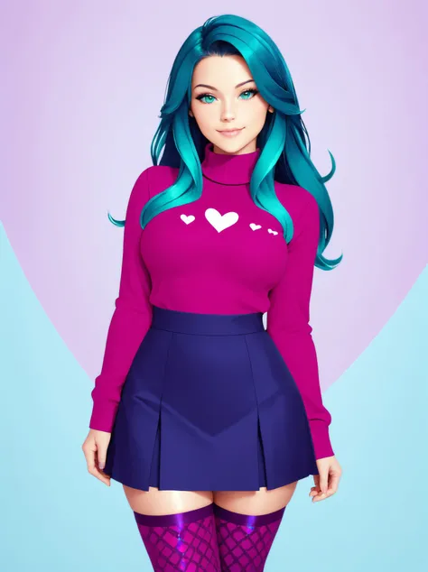 woman wearing sleefest with Magenta heart pattern with skirt bottom. matching stockings with Indigo decoration, turtleneck, , closeup,
 solo, long hair, looking at viewer, aqua hair,  fascinating look,
([Jennifer( :0)Aniston|alex woods|Emily( :0)Ratajkowski]:0.85), hands behind back,
Art museum and contemporary exhibits at background,
score_9, score_8_up, score_7_up, score_6_up BREAK 
<lora:holiday_outfit_sleefest_pony:0.60>