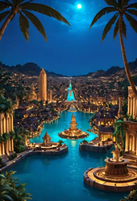 an open BookScenic with a picture of the mythical city of Atlantis, a concentric city, surrounded by rings of water channels, stunning fantasy 3d render, night background, flash image, safari background, projection mapping, or perhaps a fairy tale,designed in blender