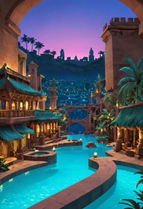 an open BookScenic with a picture of the mythical city of Atlantis, a concentric city, surrounded by rings of water channels, stunning fantasy 3d render, night background, flash image, safari background, projection mapping, or perhaps a fairy tale,designed in blender