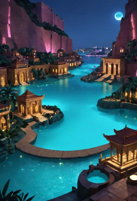 an open BookScenic with a picture of the mythical city of Atlantis, a concentric city, surrounded by rings of water channels, stunning fantasy 3d render, night background, flash image, safari background, projection mapping, or perhaps a fairy tale,designed in blender