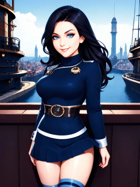 woman wearing sleefest with Silver stripes decoration with skirt bottom. Blue stockings with Navy blue pattern, turtleneck, , closeup,
 solo, long hair, looking at viewer, black hair,  naughty smile,
([Anne( :0)Hathaway|Natalie( :0)Portman|krystal boyd]:0.85), hands behind back,
Steampunk city and airships and gears at background,
BREAK
score_9, score_8_up, score_7_up, score_6_up  
<lora:holiday_outfit_sleefest_pony:0.35>