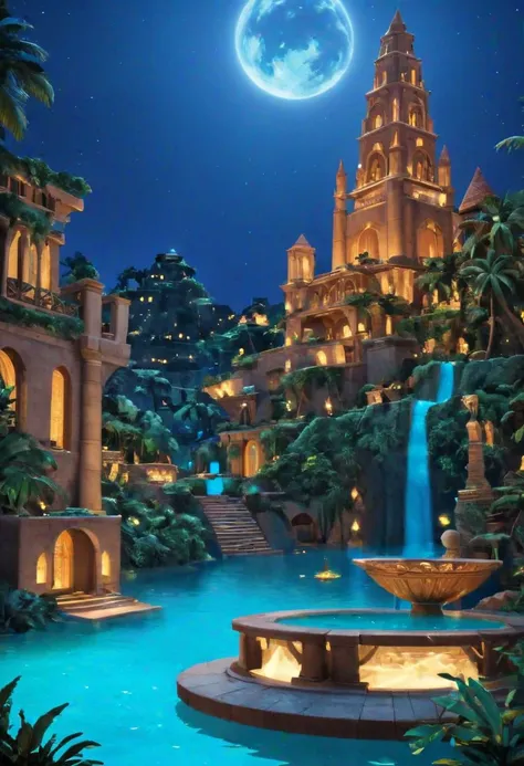 an open BookScenic with a picture of the mythical city of Atlantis, a concentric city, surrounded by rings of water channels, stunning fantasy 3d render, night background, flash image, safari background, projection mapping, or perhaps a fairy tale,designed in blender