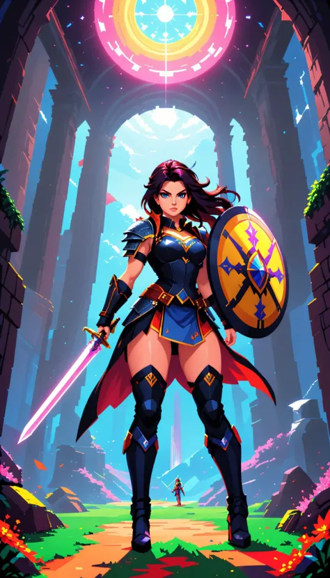 Pixel art of a fierce female warrior with a sword and shield in a fantasy setting, featuring vibrant colors, dynamic lighting, and a dramatic, epic mood