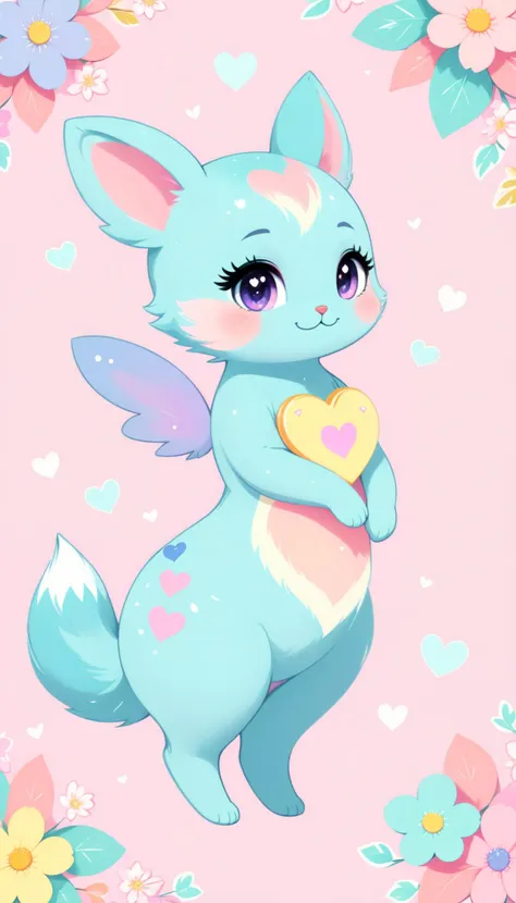 Sticker of a cute, round little animal with big, sparkling eyes and a gentle smile on its face. It has soft, pastel-colored fur. The small critter is surrounded by dainty, heart-shaped flowers in complementary pastel shades, adding to the sticker's overall charm.The white background provides the perfect canvas for this adorable creature, allowing its pastel features to pop and catch the eye. The sticker design exudes a warm and playful energy, making it an endearing addition to any item it adorns.