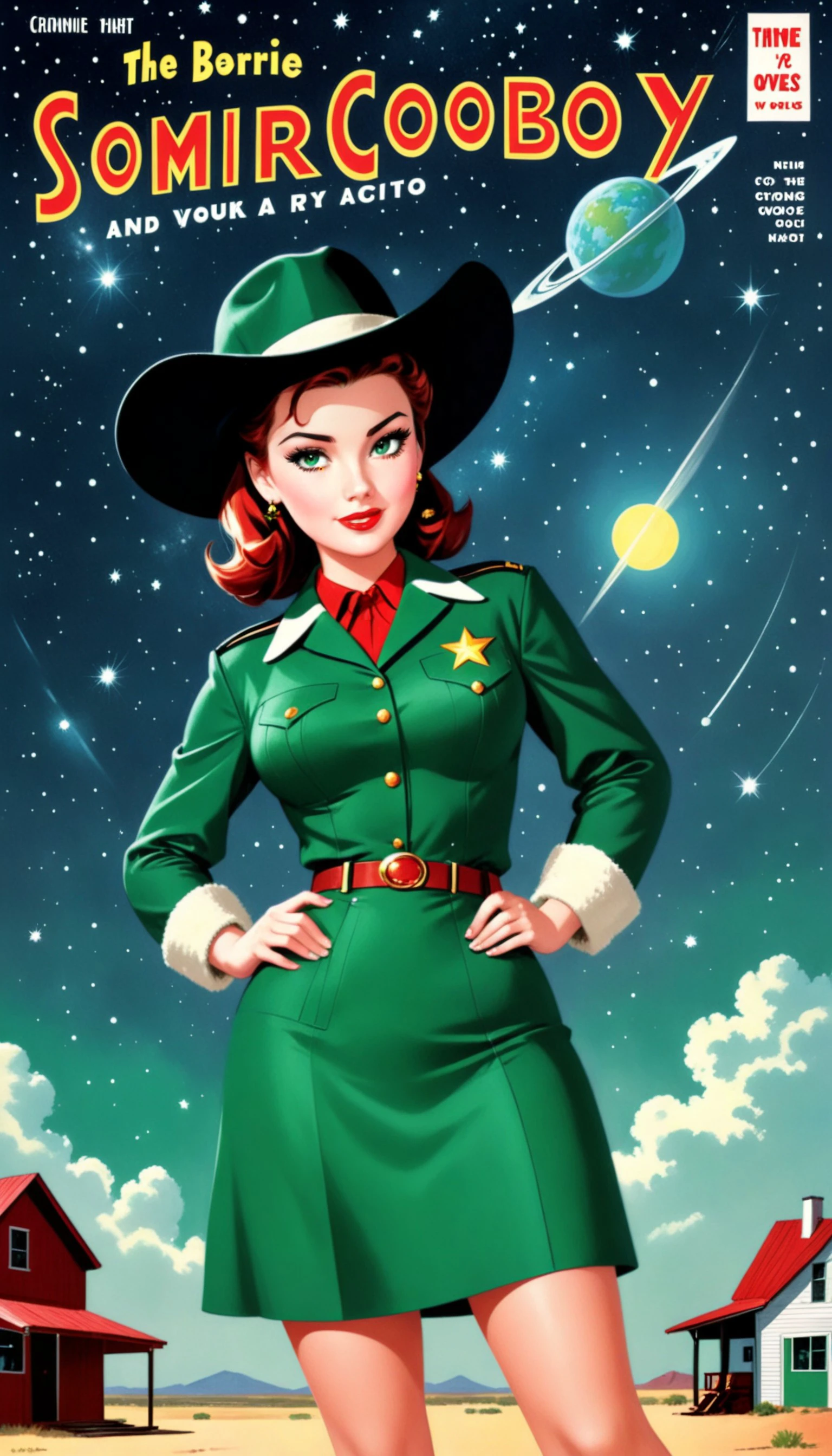 a cover for a comic book, a comic book cover about all space cowboy, 1 cowboy wearing a hat in the style of amazing stories, 1940s 1950s, red and green, comic art, realistic genre scenes, romanticized realism dynamic